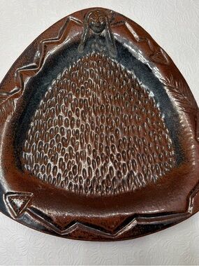 Pottery Bowl Footed North American Indian Motif Brown Signed L Adair 13”